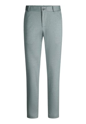 Lichtgrijze slim-fit broek met knoopsluiting en ceintuurlussen, voorkant zichtbaar tegen een effen witte achtergrond.