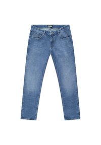 Lichtblauwe spijkerbroek met rechte pijpen, vijf zakken en subtiele vervaging. Voorzien van een riemlussen en een ritssluiting.