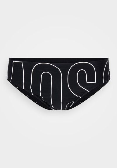 Bas de maillot de bain noir en matériau extensible, arborant de grands motifs de texte blanc. Conçu avec une taille basse et des bords lisses.