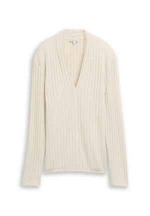 Cream ribbed long-sleeve top with a V-neckline. Features textured fabric and straight hem. Simple design, suitable for layering.