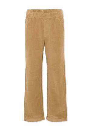 Beige corduroy broek met elastische tailleband en zijzakken, rechte pijp, weergegeven op een witte achtergrond.