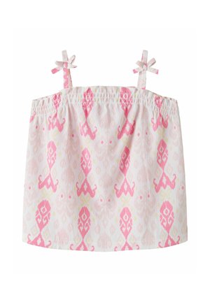 Top bianco senza maniche con motivi geometrici rosa e giallo chiaro, con sottili spalline annodate a piccoli fiocchi.