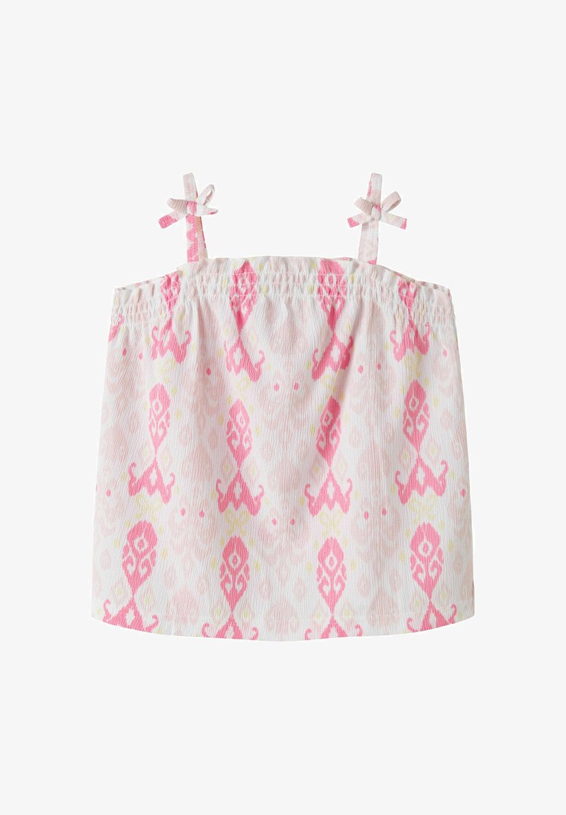 Haut blanc sans manches avec des motifs géométriques rose et jaune clair, avec de fines bretelles nouées en petits nœuds.