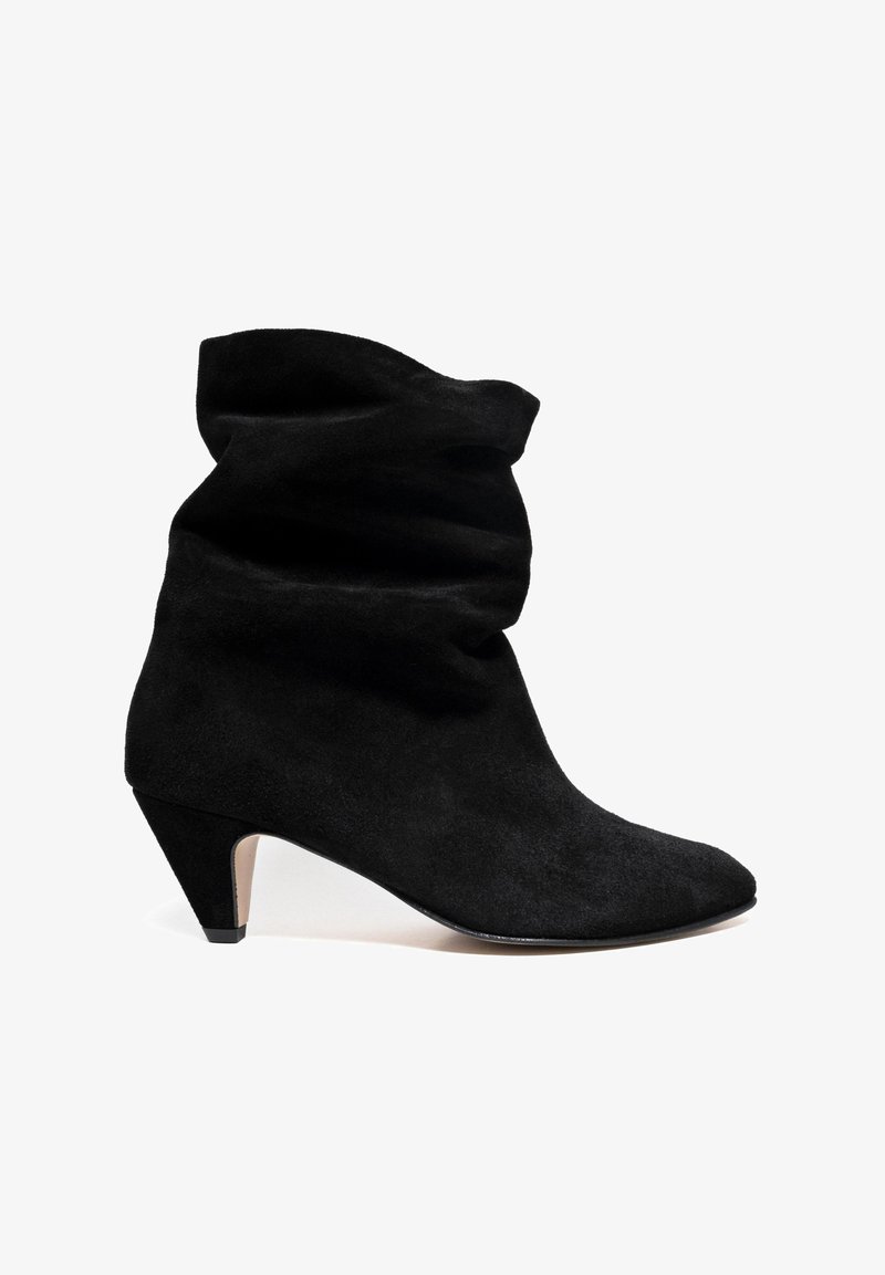 Black suede ankle boots with a slouch design, pointed toe, and 2-inch cone heel. Smooth texture with a minimalist silhouette.