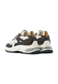Pair of chunky sneakers with black, white, brown, and gold accents, thick soles, and textured materials, angled to show back and side details.