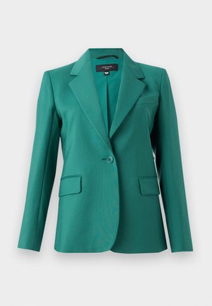 Teal blazer with a notched lapel, single button closure, two front pockets, and smooth texture. Tailored fit with a modern design.