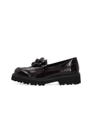 Sort laklæder loafer med chunky sål og dekorativ blomsterdetalje på toppen, vist fra siden på hvid baggrund.