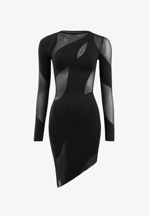 Black dress with long sleeves, featuring sheer panels in a wavy pattern, asymmetrical hemline, and smooth texture.