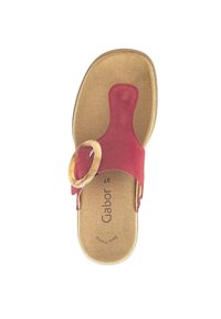Rode suède sandaal met een teenriem, een ronde houten accent en een gewatteerde beige binnenzool met het merk "Gabor" en "Best fitting".