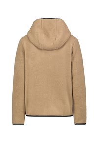 Beige Fleecejacke mit Kapuze, strukturiertem Material, langen Ärmeln und schwarzem Saum sowie Bündchen. Rückansicht, ohne Taschen.