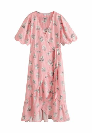 Next, REGULAR FIT - SCALLOP SLEEVE EDGE WRAP MIDI DRESS - Freizeitkleid - pink floral stripe