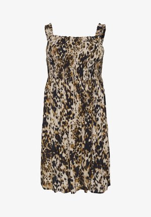 Raukšlėta gyvūnų rašto suknelė su plonomis volanėlėmis, kuri yra pagaminta iš kreminės, rudos ir juodos spalvos, su laisvai krentančiu dizainu. Be kišenių ar užsegimų.