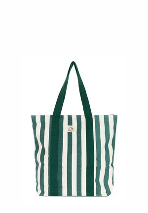 Groen-witte verticaal gestreepte draagtas met lange groene handvatten en een klein "Protest" logo op de voorzijde in het midden.