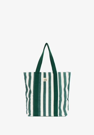 Grøn og hvid verticalstribet mulepose med lange grønne håndtag og et lille "Protest" logo patch på midten foran.