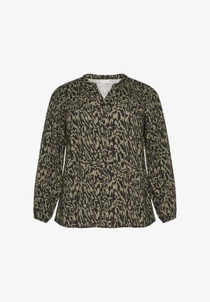 Tamsiai žalia ir juoda gyvūnų rašto apykaklinė ilgarankovė marškinė, su mygtukų užsegimu, laisva prigludimo ir tekstūruotu audiniu.