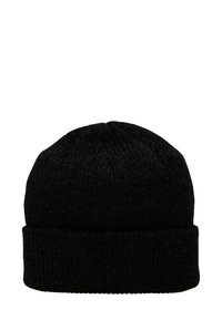 Berretto lavorato a maglia nero con texture a coste e risvolto. Il tessuto appare spesso e caldo, adatto per il clima freddo.