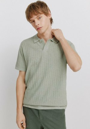 Młody mężczyzna z jasnobrązowymi włosami, ubrany w jasnozieloną krótki rękaw dzianinową koszulkę polo i ciemnozielone spodnie, pozujący z ręką przy szyi.