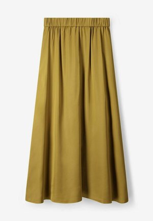 Mustard yellow, knee-length skirt with an elastic waistband and pleats, made from smooth fabric, featuring a simple, flowing design.