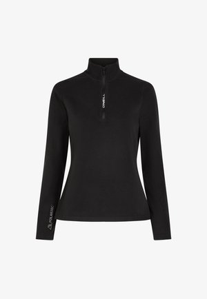 Must tume pikkade varrukatega pullover, millel on pooltõmbluku krae. Ees on "ONEILL" logo ja varrukal "POLARTEC" bränding, valmistatud pehmest kangast.