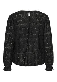 Fekete blúz hosszú ujjakkal, virágos csipke mintával és kulcslyuk hátoldallal. Textúrált anyag, zsinóros mandzsetták és laza szabás.