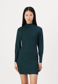 Rochie teal cu dungi, cu mâneci lungi, gât înalt și siluetă ajustată. Prezintă linii verticale și o textură netedă de tricot.