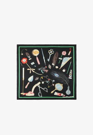 Black scarf with green border featuring illustrations of vintage keys, feathers, hand mirror, lipstick, candle, fan, jewelry, and sewing tools.