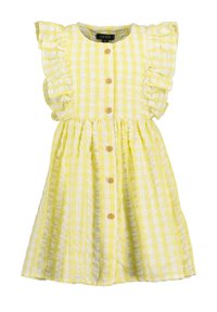 Robe vichy jaune avec des manches à volants, boutons en bois sur le devant et une jupe évasée. Fabriquée à partir d'un tissu texturé et léger.