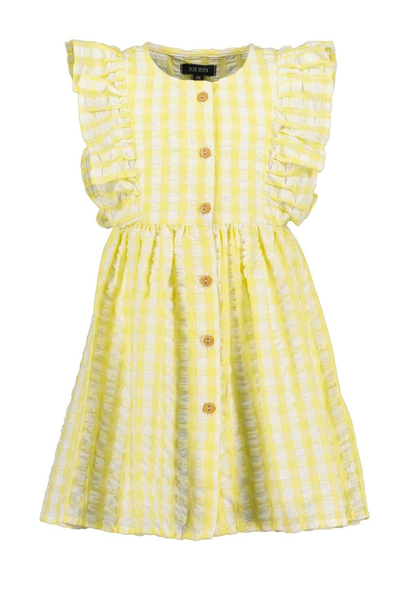 Robe vichy jaune avec des manches à volants, boutons en bois sur le devant et une jupe évasée. Fabriquée à partir d'un tissu texturé et léger.