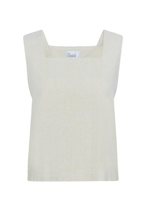 Top sin mangas de color beige claro con escote cuadrado, confeccionado en una tela texturizada, que presenta un diseño sencillo y dobladillo recto.