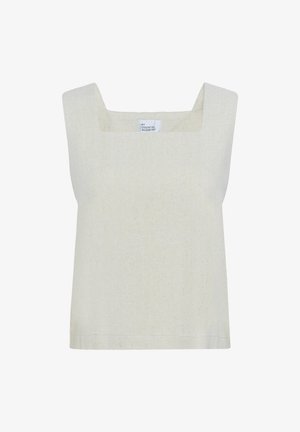 Top sin mangas de color beige claro con escote cuadrado, confeccionado en una tela texturizada, que presenta un diseño sencillo y dobladillo recto.