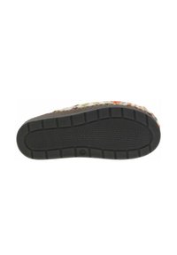 Pantoufle en laine avec une surface texturée arborant des fils multicolores. Semelle extérieure en caoutchouc noir avec un grip à motifs et un bord incurvé.