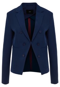 Navy blue double-breasted blazer with two front pockets, round buttons, notched lapels, and a contrasting red interior lining.