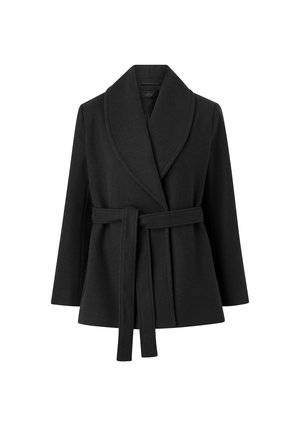 Sort uldblandet omslagsfrakke med bredt tørklædekrave, lange ærmer og matchende stofbælte bundet om taljen, vist på hvid baggrund.