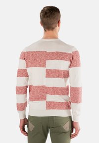 Maglione a righe rosse e bianche realizzato in tessuto a maglia, con scollo rotondo e polsini a coste, visto da dietro.