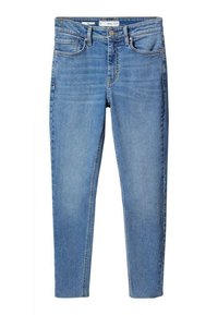 Jeans de mezclilla azul con forma ajustada, con una cintura alta, cinco bolsillos y costuras estándar. La tela tiene un acabado suave y texturizado.