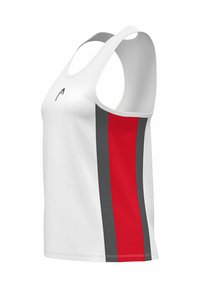 Weißes Tanktop mit einem roten und grauen vertikalen Streifenmuster. Glatte Textur mit Racerback-Ausschnitt und kleinem Logo auf der Vorderseite.