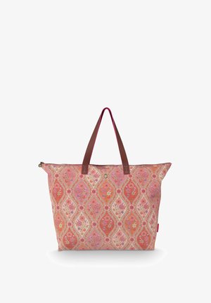 Large tote bag with pink and orange floral paisley pattern and brown handles against white background.
