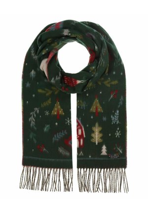 Écharpe vert foncé à franges avec des motifs de sapins de Noël, flocons de neige, baies de houx et une petite maison rouge.