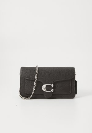 Black leather crossbody bag with a textured finish, featuring a silver-tone clasp and chain strap, flap closure, and minimalist design.