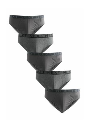 Cinq slips pour hommes en alternance de gris foncé et gris clair avec des ceintures élastiques marquées "NEXT" en noir et gris.