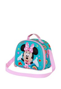 Bolsa de almuerzo con tema de Minnie Mouse; azul, con acentos en rosa; cierre con cremallera; presenta al personaje de Minnie, arcoíris, corazones y estrellas en un estilo de dibujo animado.