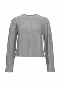 Grau gestrickter Pullover mit ribbeligem Rundhalsausschnitt, langen Ärmeln und vertikalen Kabelstrick-Details entlang des Körpers.