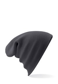 Dark gray knit beanie with a slouchy fit. Features a textured ribbed pattern and a rounded, tapered shape. Soft fabric for comfort.