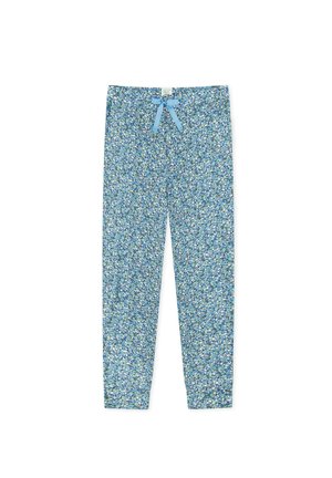Niebieskie spodnie piżamowe w wzorki z kwiatowym motywem w odcieniach zieleni i niebieskiego, z jasnoniebieskim sznurkiem w pasie.