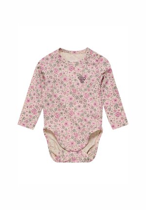 Helles rosa langärmliges Bodysuit mit einem floralen Muster in pink, grün und grau; beinhaltet Druckknöpfe im Schritt.
