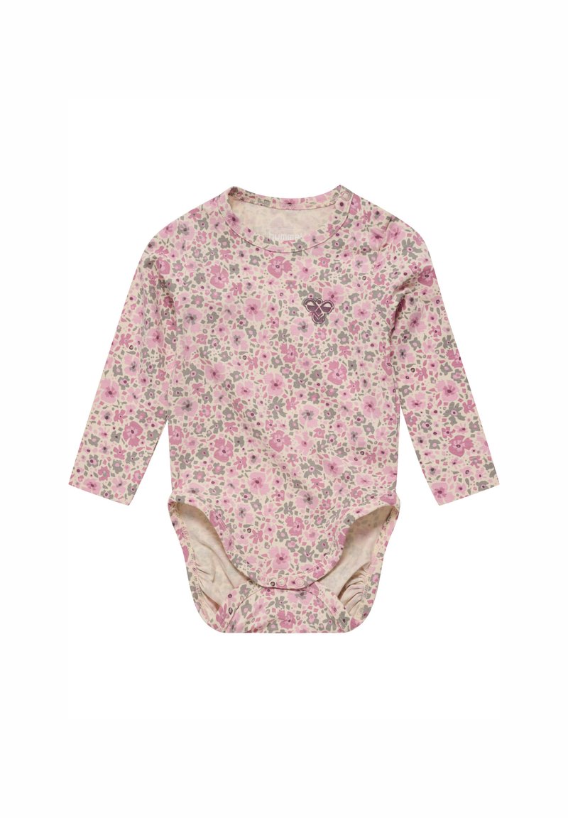 Ljusrosa långärmad bodysuit med ett blommönster i nyanser av rosa, grönt och grått; inkluderar tryckknappar i botten.