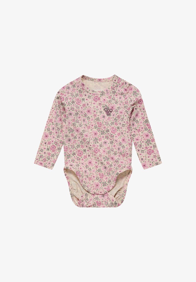 Helles rosa langärmliges Bodysuit mit einem floralen Muster in pink, grün und grau; beinhaltet Druckknöpfe im Schritt.