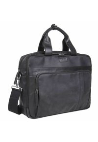 Valigetta in pelle nera con doppi manici, tracolla staccabile, tasca frontale con zip, texture liscia e design minimalista.