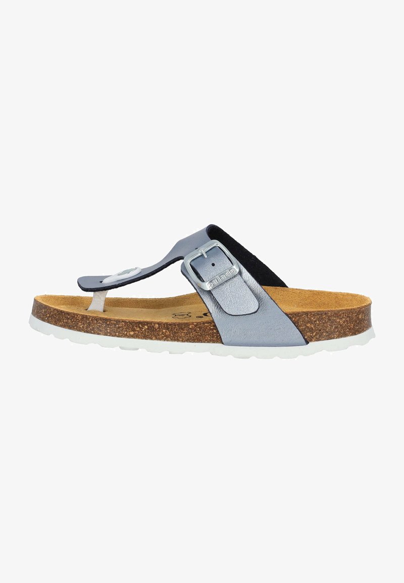 Blå lædertanga sandal med en sølv spænde, kork indersål og hvid gummisål. Har et klassisk design med glatte teksturdetaljer.