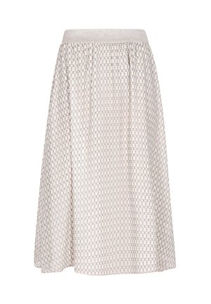 A knee-length, light-colored skirt featuring a textured geometric pattern, an elastic waistband, and flowing fabric.